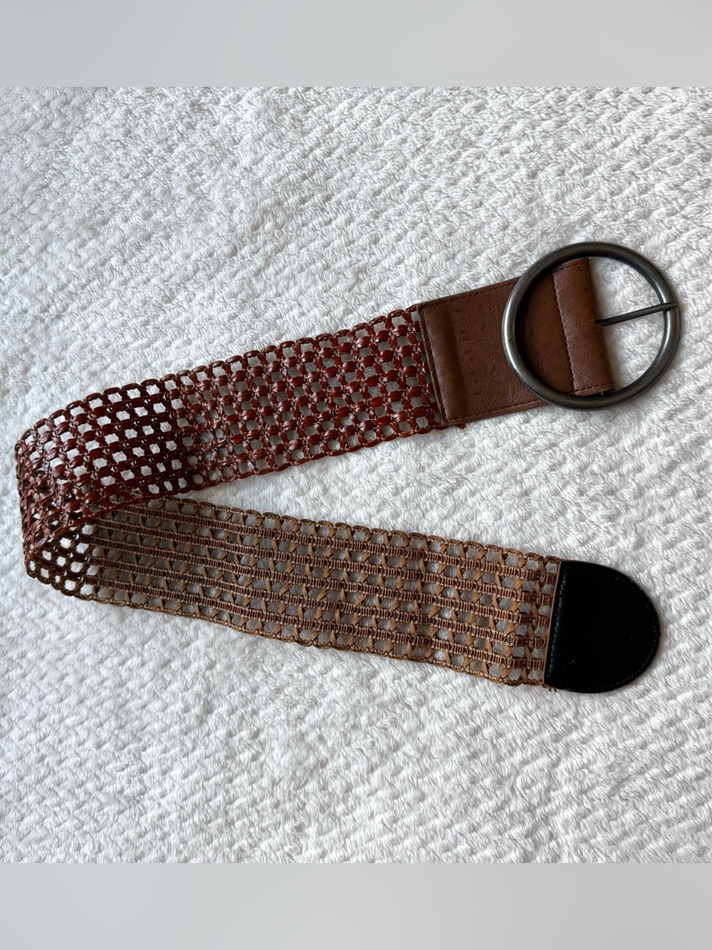 Boho Extra Wide Open Weave Braided Statement Belt XS Brown Faux Leather Woven